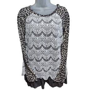 Kori America Lace Overlay Animal Print Top Gray Small